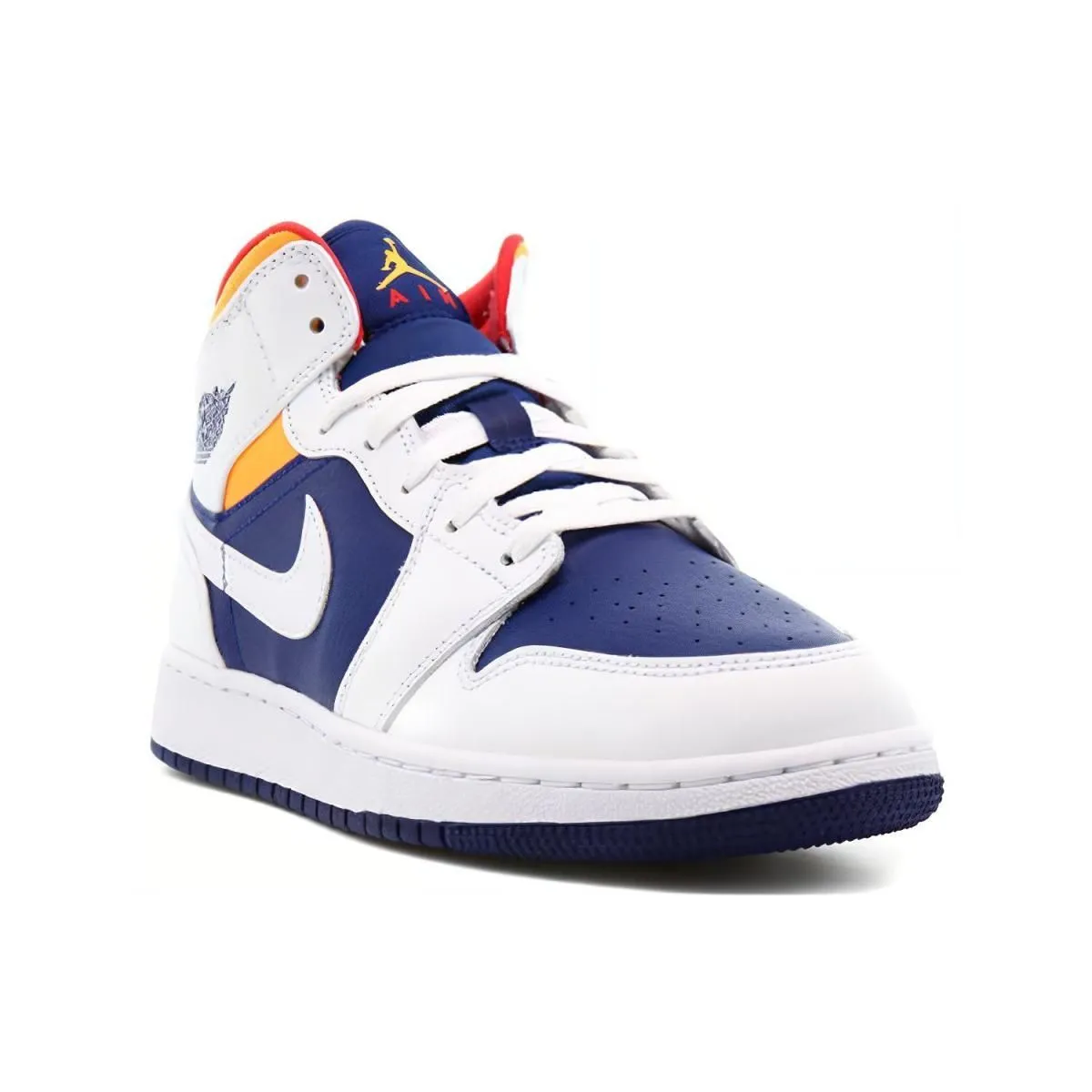 Подростковые кроссовки Jordan 1 Mid White/Laser Orange/Deep Royal Blue GS
